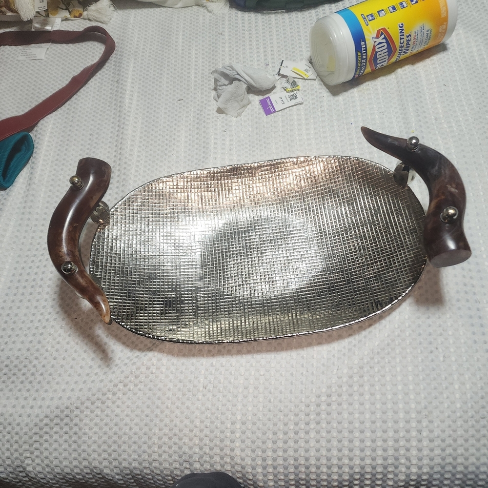 HAMMERED METAL SERVE WARE  INDIA HORN HANDLES ORNATE PLATTER SERVER